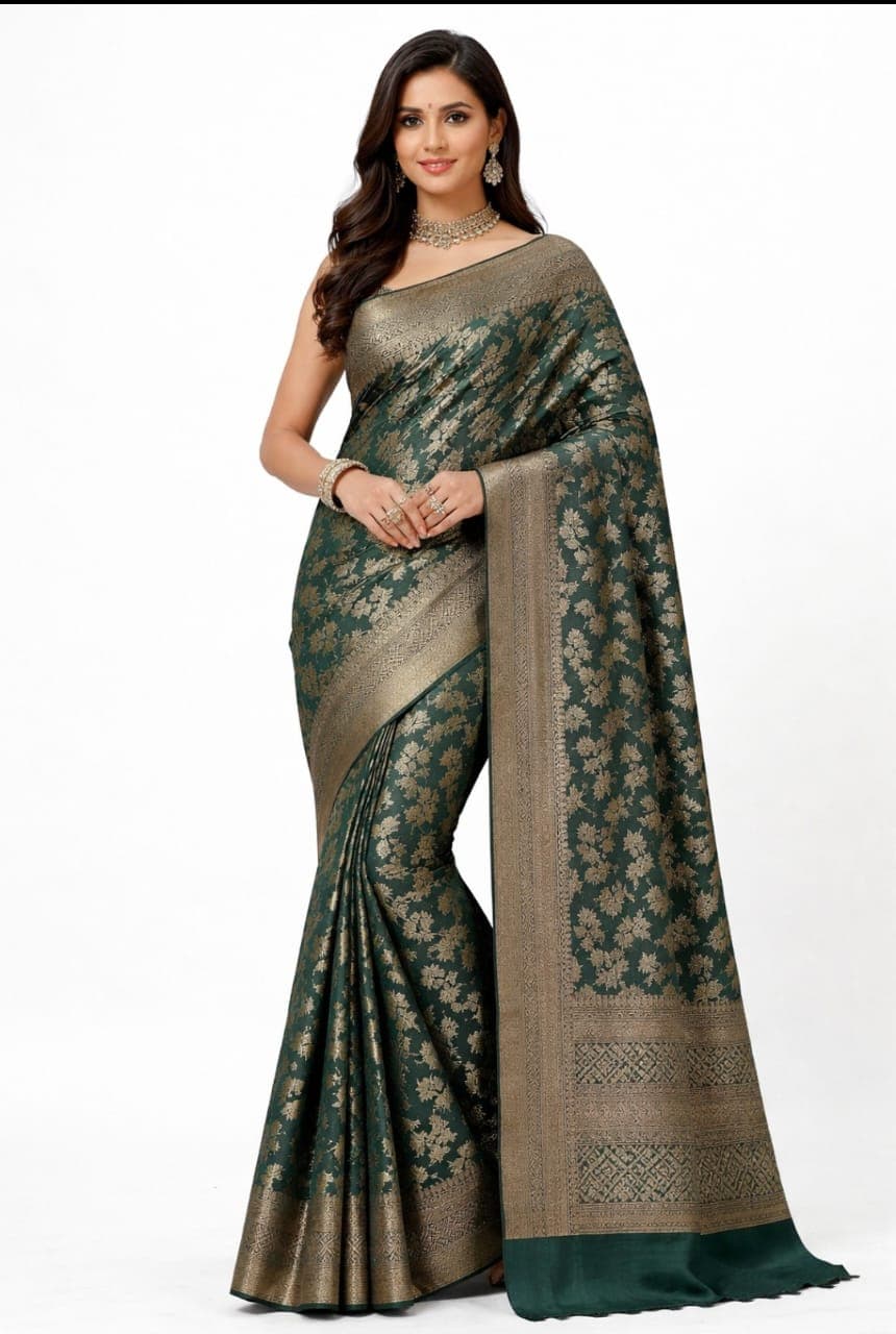 Premium Dark Bottle Green Kanjivaram Soft Silk Saree for Women with Antique Gold Zari Floral Butta Work and Heavy Designer Pallu | Bottle Green Kanjivaram Soft Silk Saree - Antique Gold Zari Work | ipshopy Free Size