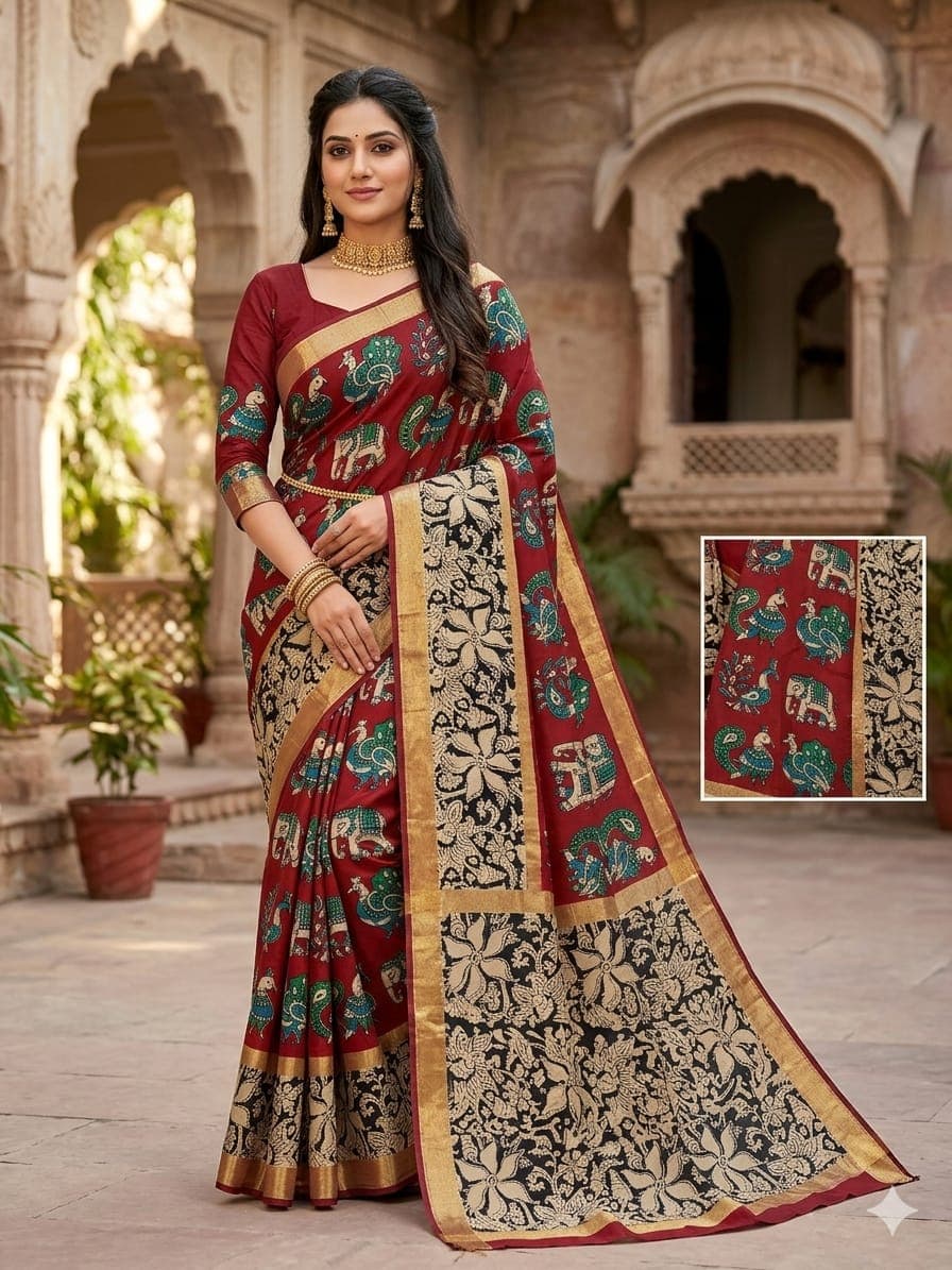 Maroon Banarasi Silk Saree with Elephant Peacock Kalamkari Prints Zari Border Traditional Designer Wedding Festive Wear Ethnic Saree for Women India