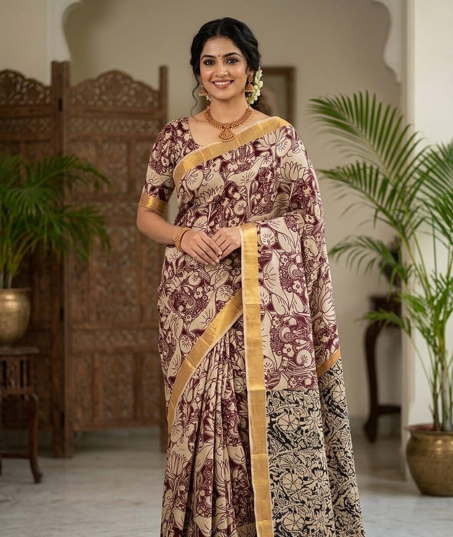 Cream and Maroon Kalamkari Silk Saree with Lotus Floral Prints Golden Zari Border Traditional Banarasi Style Wedding Festive Wear Designer Ethnic Saree for Women