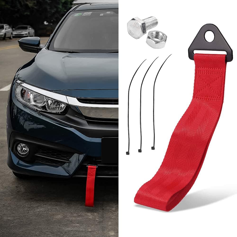 CarFrill 2 Tons High Strength Car Trailer Towing Rope with Hooks for Recovery | 10.8in Front Rear Bumper Hook Racing Tow Strap (Red)