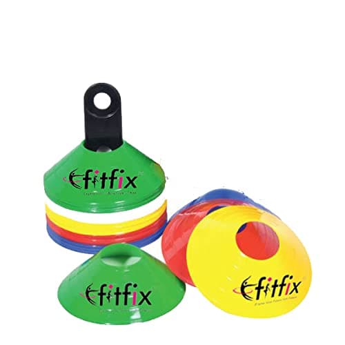 Fitfix® Disc Cones Set - Agility Training & Space Marker Cones 2 Height for Football, Cricket, Kids Activities | Multicolour Cones with Stand & Carry Bag (Pack of 10).