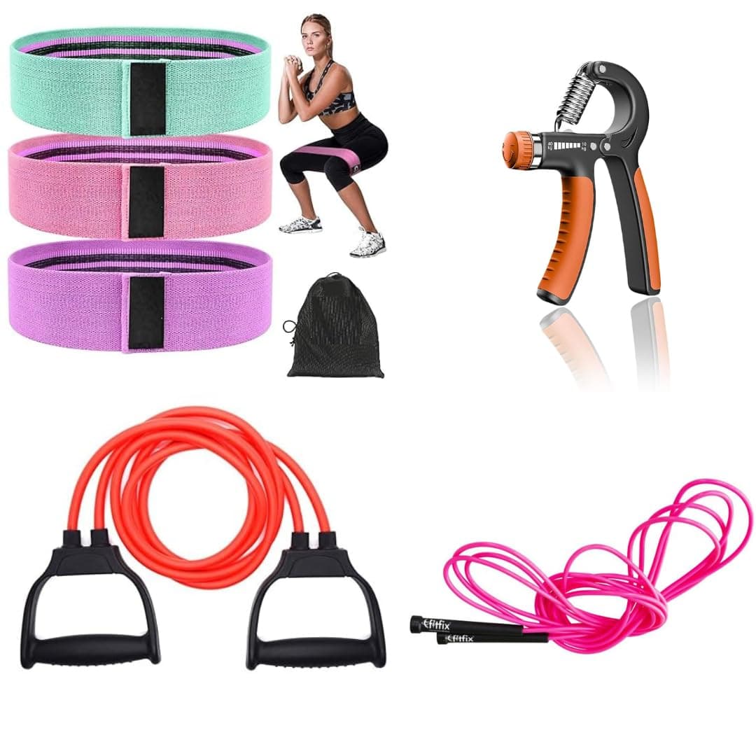 Resistance Tube Set with Hand Gripper | Skipping Rope & Hip Bands | Complete Home Workout Kit by Fitfix