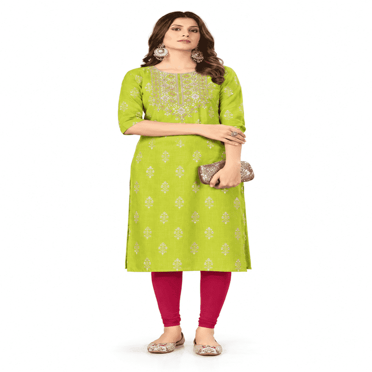 Monika Fashion Women Printed Straight Kurta |Viscose Rayon, 3/4 Sleeve, Round Neck, Casual Wear Below Knee Length