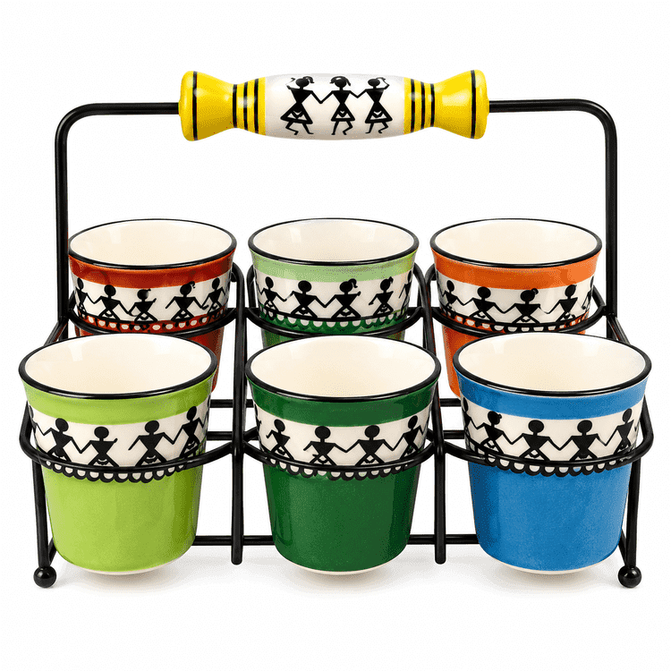 Ceramic Tea Cup Set | VIBHSA Pack of 6 Multicolor Tea Cups with Metal Glass Stand | Microwave & Dishwasher Safe