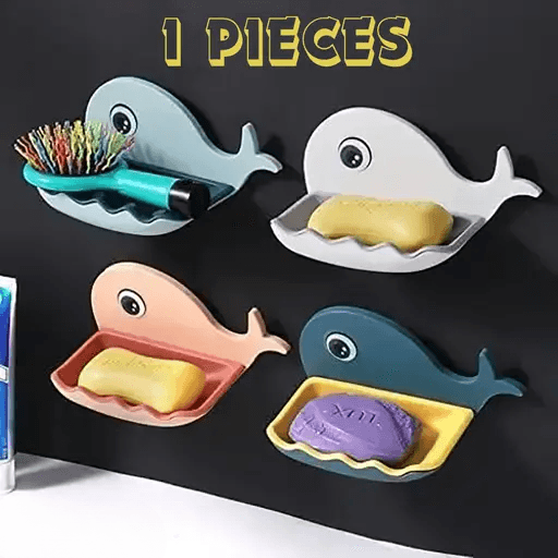 Plastic Soap Stand Holder | for Bathroom Kitchen Sink Self Draining Soap Dish Holder with Magic Stickers (Pack of 1) Fish Soap Holder
