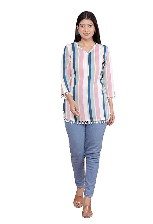 Printed Straight A line Cotton Kurti 3/4 Sleeve White Pink L |casual formal ethnic summer