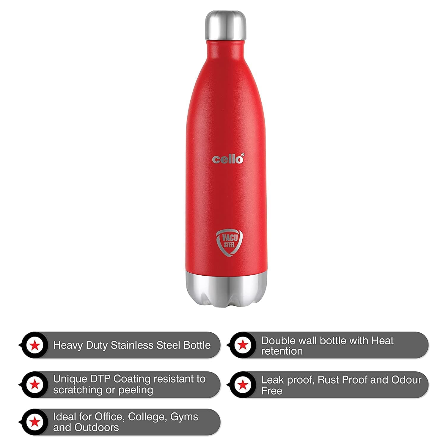 Cello Duro Tuff Steel Series 500 ml Double‑Wall Insulated Steel Bottle|DTP Coating, Red | Gym & Travel