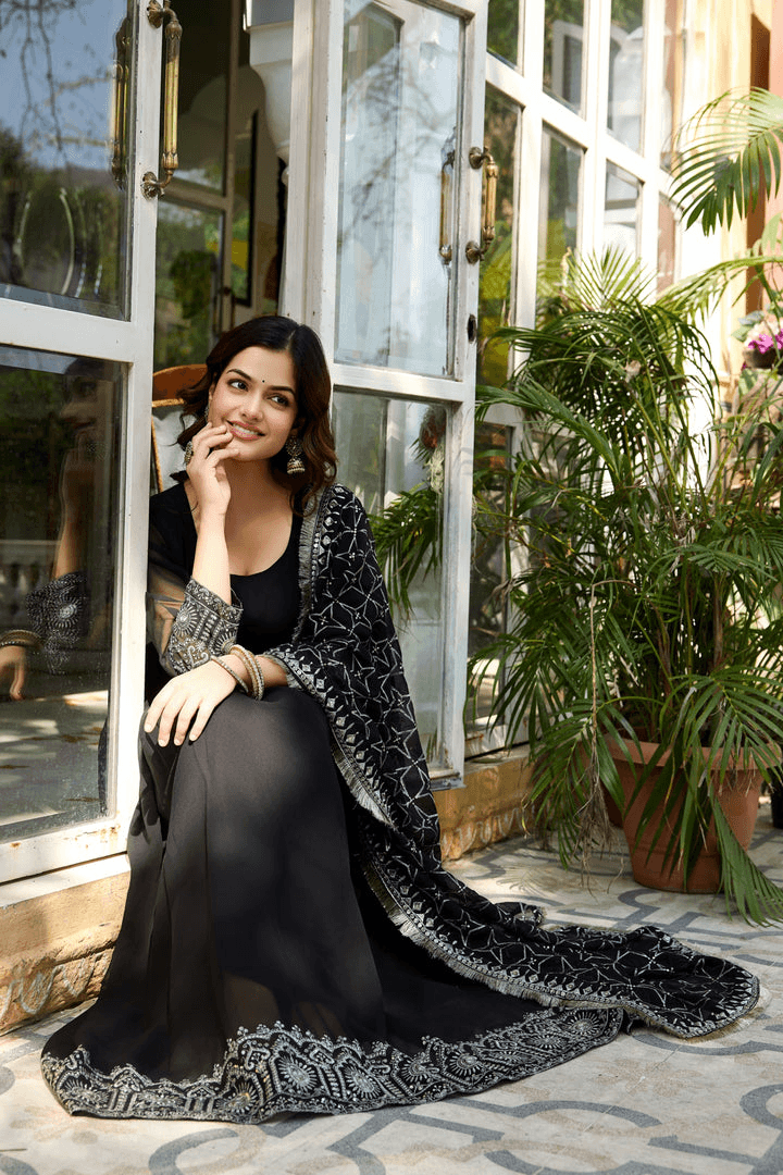 Heavy Embroidered Anarkali Kurta Set | Full Flare Gown with Dupatta | Wedding Wear |Black| Size M