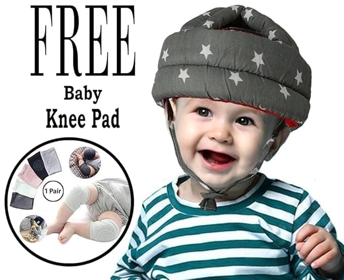 S-SQUARE Baby Helmet for Crawling | Soft Cushion Infant Head Protector | Toddler Safety Headguard| Kneepads Set | GreyStar | No Bumps & Adjustable Fit