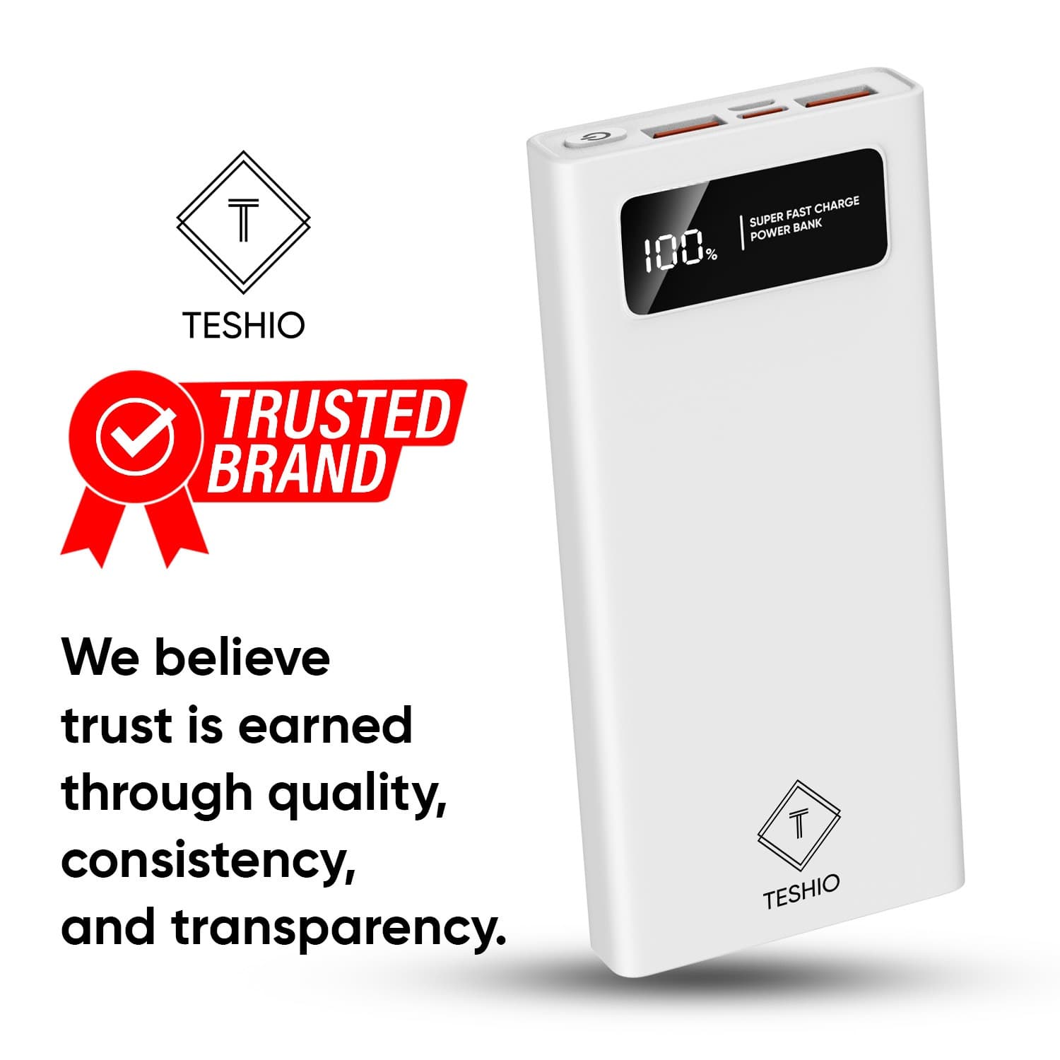 10000mAh White Power Bank | Fast Charging | USB-C & USB-A Ports | Compact Design | Ideal for Travel & Daily Use