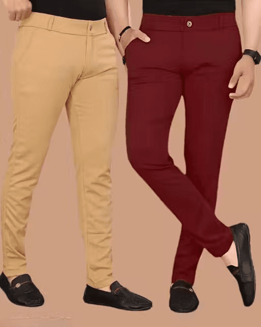 Khaki & Maroon Men’s Lycra Trousers | Size 34 | Pack of 2 Solid Comfort Slim Fit