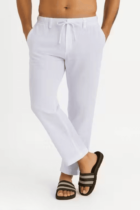 Men’s White Linen Trousers| Tie-Up Waist| Breathable| Summer Wear