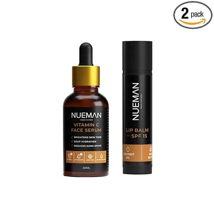 NUEMAN Vitamin C Face Serum (30ml) | Lip Balm with SPF 15 (5g) | Combo for Men| Brightens Skin| Fades Dark Spots| Repairs Dry| Chapped Lips| Non Sticky |Fragrance Free| Dermot Tested