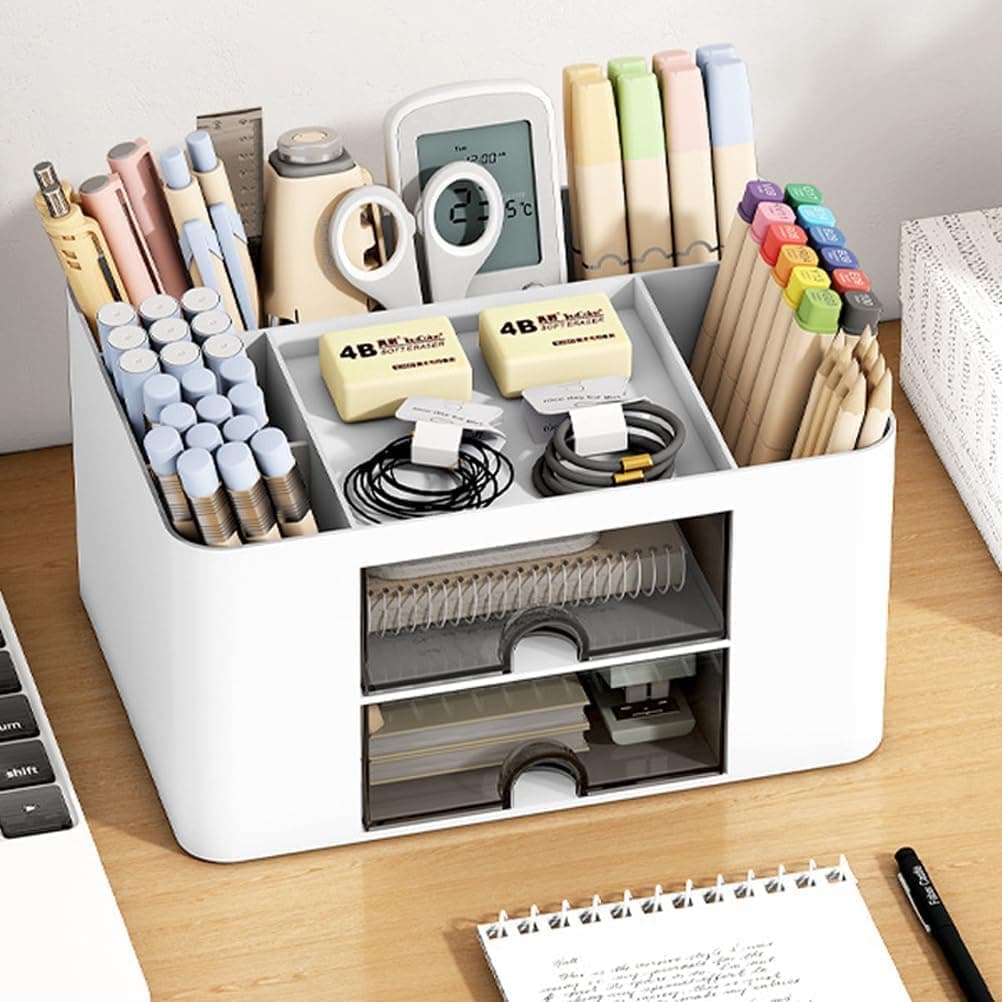Shrigana Plastic Desk Makeup Brush Organizers and Pencil Pen Organizers for Desk Desktop Storage Stationery Supplies Cute Pencil Cup Pot for Office School Home, White