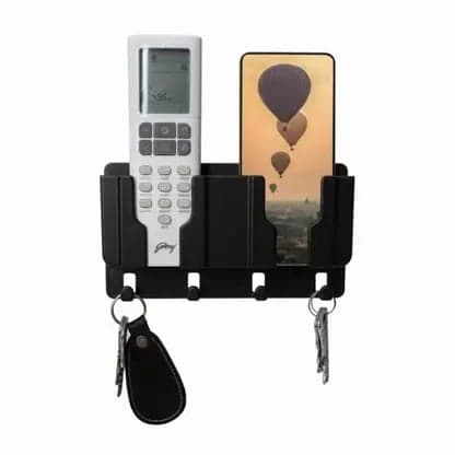 “Wall Mounted Organizer Holder for Remote Control, Mobile Phone, Keys – Multi-Purpose Rack for Home, Kitchen, Office, Black Plastic Storage Stand”