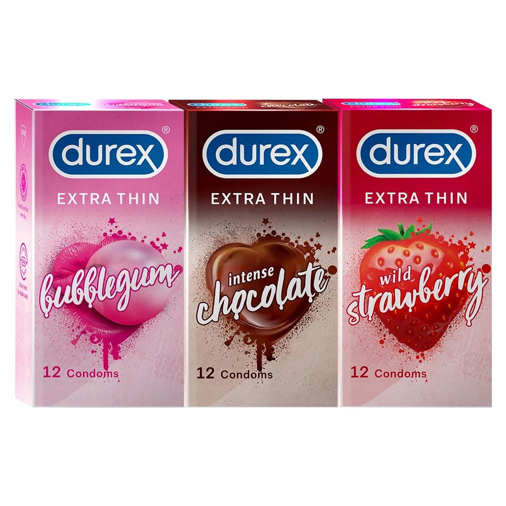 Durex Extra Thin Flavoured Condoms Pack of 3 – Bubblegum, Chocolate, Strawberry – 12s